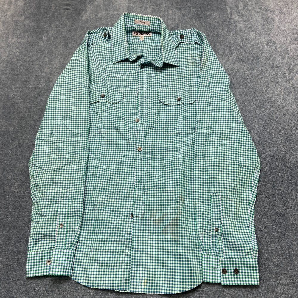 Express Dress Shirt Mens Medium 15-15.5 Multicolor Check Fitted Roll Tab Sleeve
